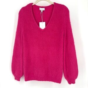 NWT Lucy Paris Fuzzy Sweater sz XS Pink V-Neck Lantern Sleeve Bright Dopamine